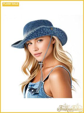 Women's Denim Bucket Hat Packable Outdoor Sun Cap Adjustable Chin Strap